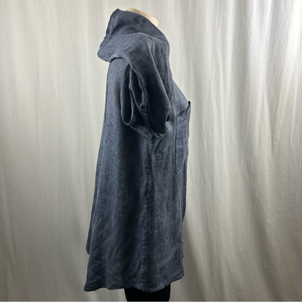 Made In Italy Blue Linen Button Down Blouse with Roll-tab Sleeves M - Picture 5 of 11
